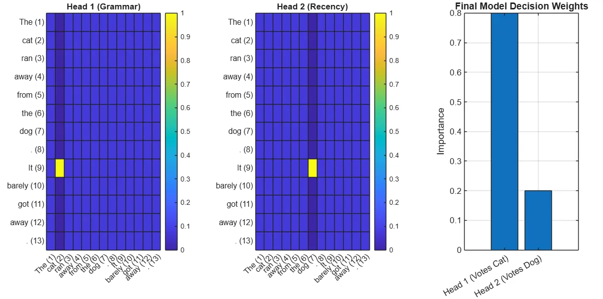 Heatmap visualization showing how different attention heads focus on grammar versus recency in a sentence.
