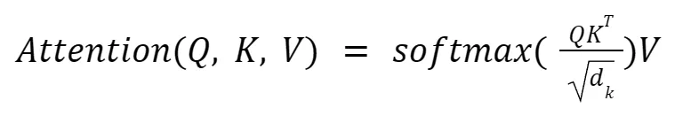 The mathematical formula for Scaled Dot-Product Attention, showing how Query (Q), Key (K), and Value (V) matrices are used with softmax and scaling to calculate focus weights in an AI model.